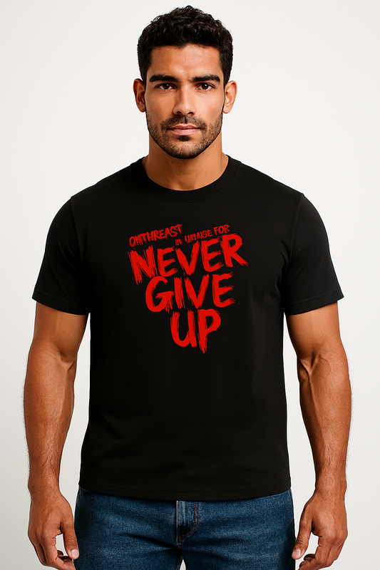 “Never Give Up” Unisex Standard Crew T-Shirt—built for gym goers
