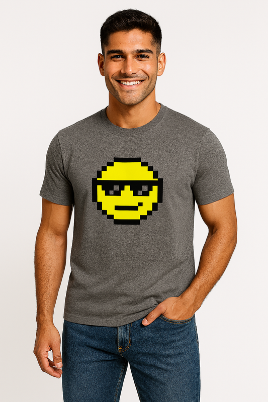 Carry with style. This unisex classic crew T-shirt features a bold pixelated smiley