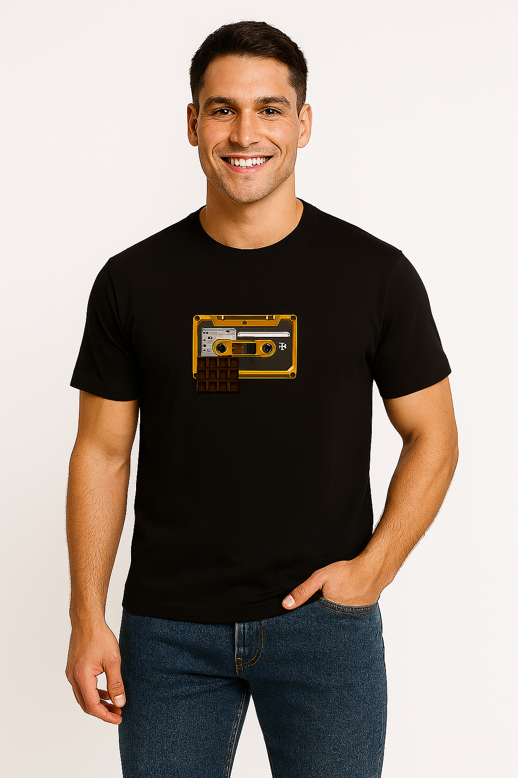 Dark brown crew neck tee featuring a bold cassette tape print.