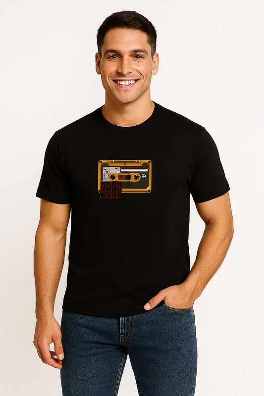 Dark brown crew neck tee featuring a bold cassette tape print.