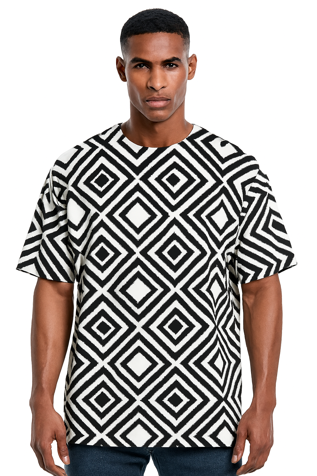 Own the streets with our Unisex AOP Oversized Tee featuring bold black and white Aztec prints.