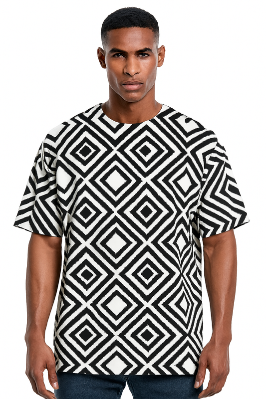 Own the streets with our Unisex AOP Oversized Tee featuring bold black and white Aztec prints.