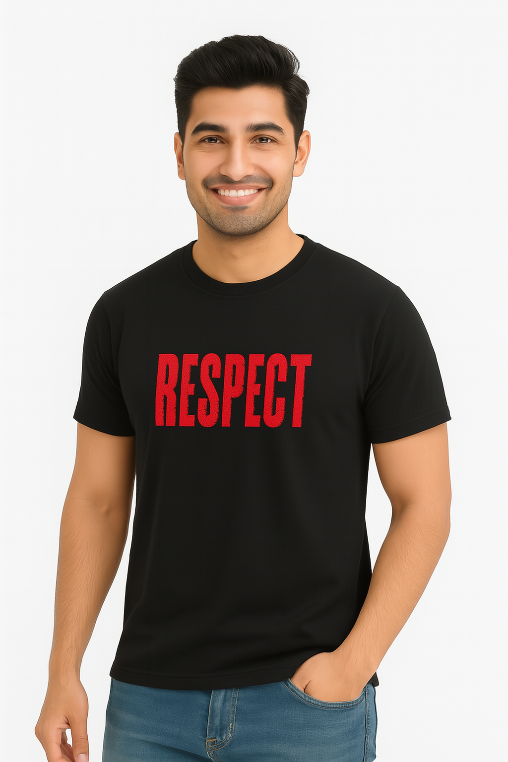 A Classic Crew T-Shirt – Black Tee with Red “RESPECT” Print, Unisex Streetwear Statement