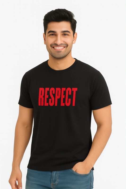 A Classic Crew T-Shirt – Black Tee with Red “RESPECT” Print, Unisex Streetwear Statement