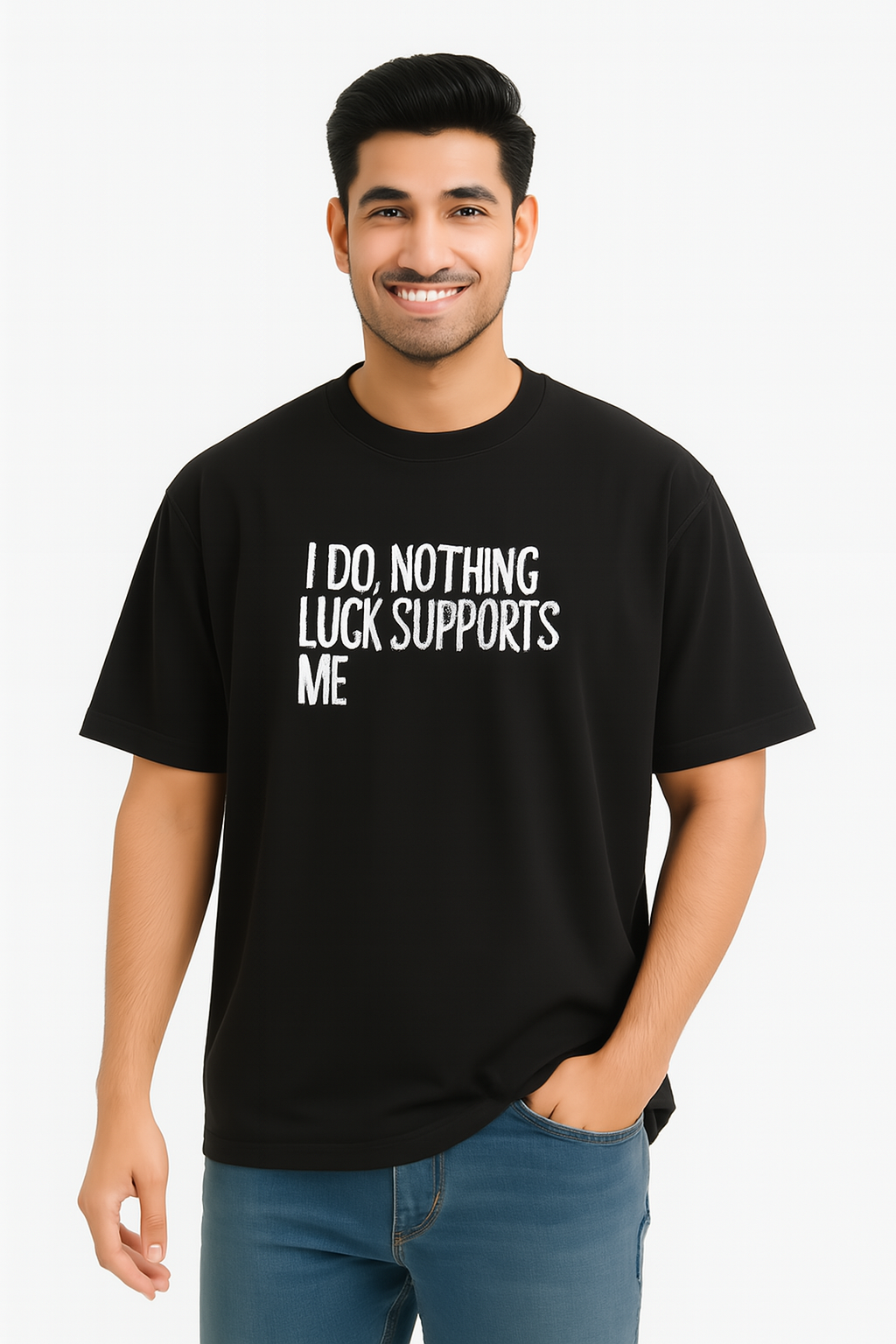 I Do Nothing, Luck Supports Me” Print, Chill Statement Wear