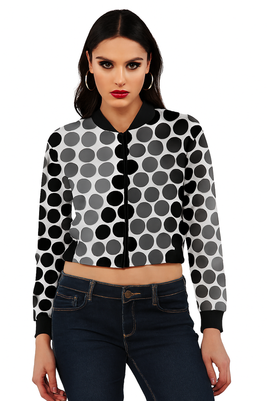 Women's AOP Bomber Jacket – Black & Grey Polka Dot | Stylish Lightweight Streetwear