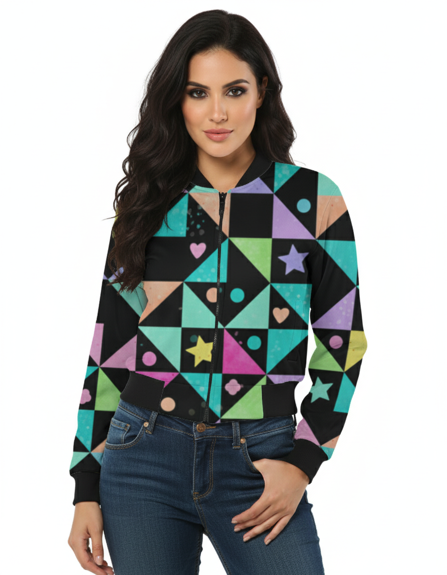 Colorful Abstract Print Women's Bomber Winter Jacket