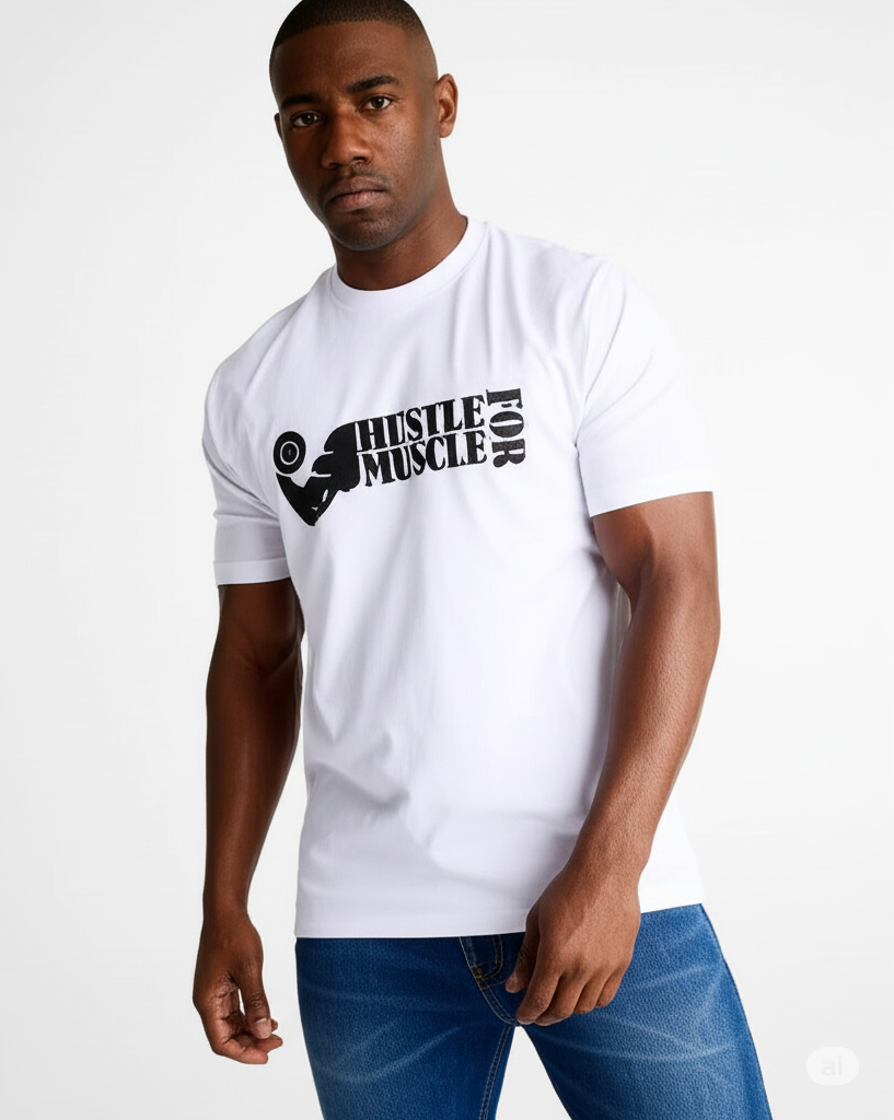 Dominate your workout grind with our “Hustle for Muscle” 100% Cotton Unisex Standard Crew T-Shirt