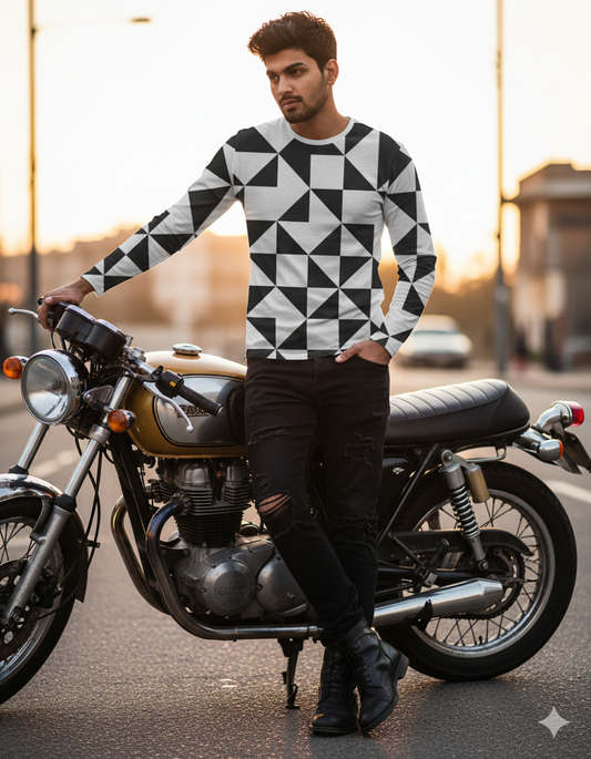 Accelerate your style with this Men's All-Over Print T-Shirt featuring a dynamic bike rider graphic