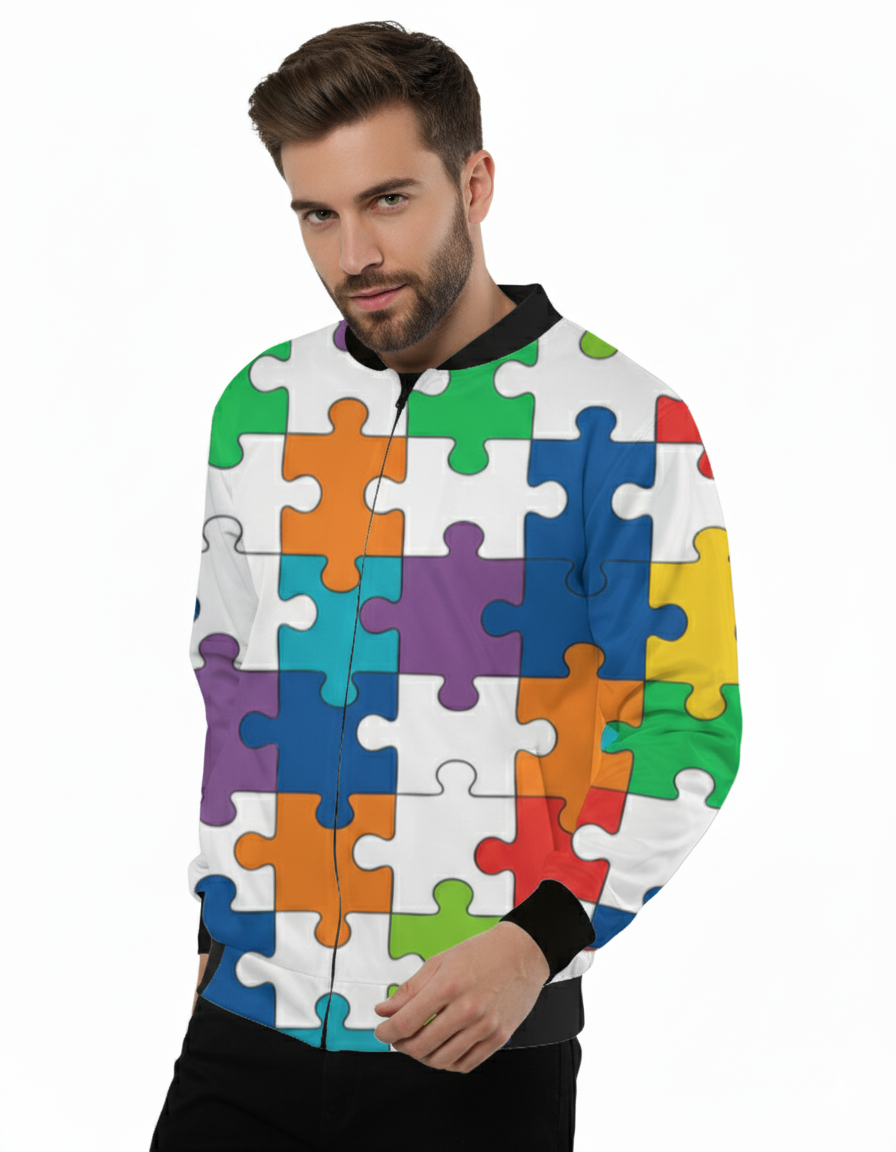 Unisex Colorful Puzzle AOP Bomber Jacket – Bold All-Over Print Streetwear