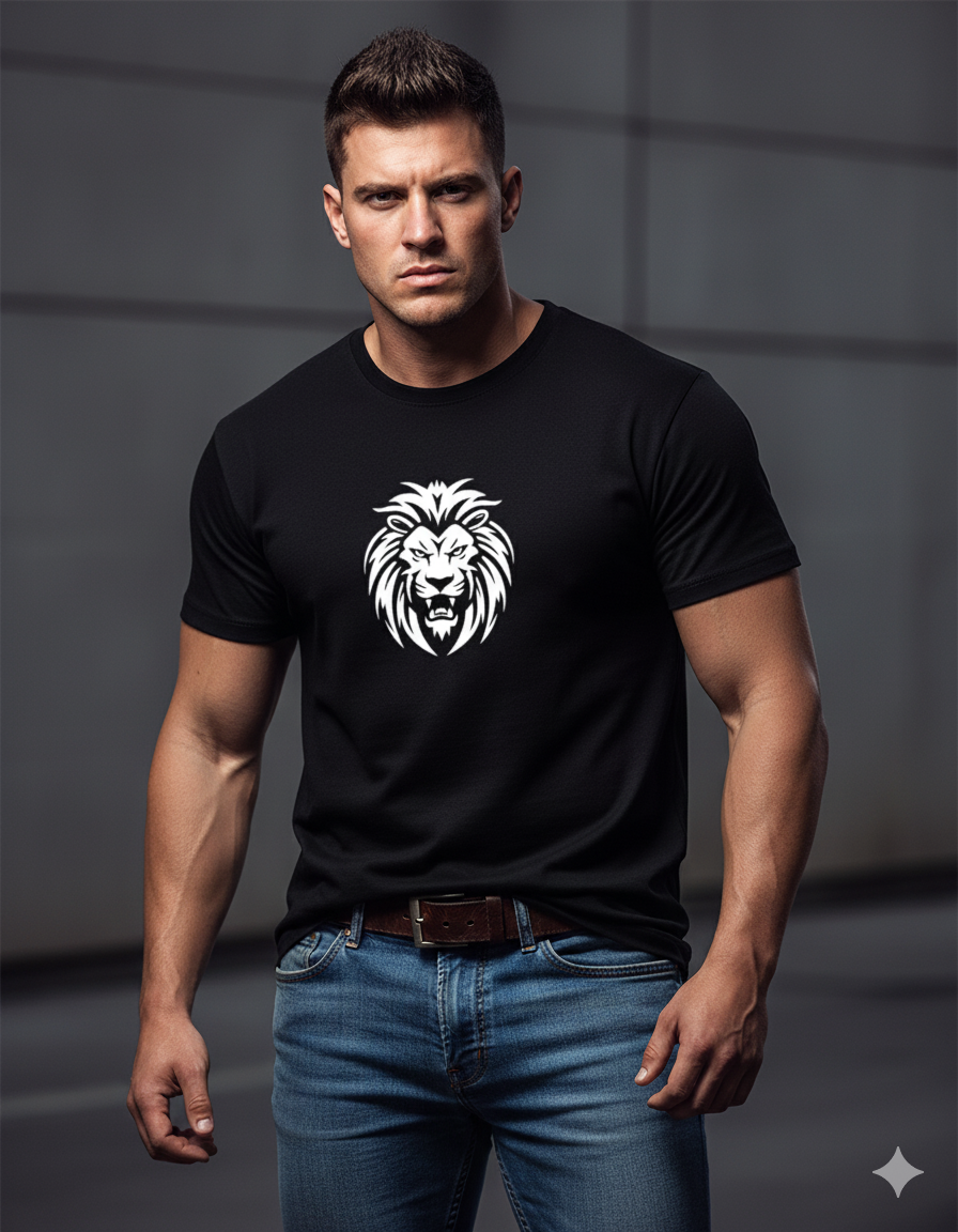Classic Crew Neck Statement Tee Unisex Angry Lion Print T-Shirt
