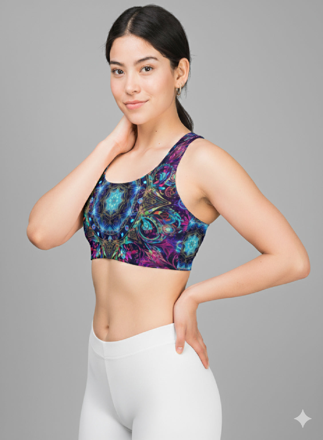 Power up your workout with our AOP Sports Bra featuring a vibrant celestial print—dynamic, breathable, and built for movement.