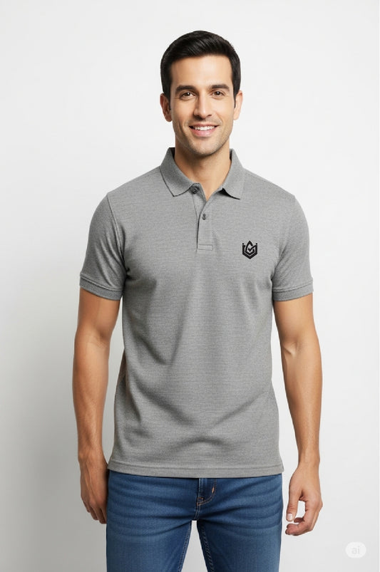 Understated elegance with this Men’s Grey Melange Solid Polo Neck T-shirt. Premium Men's Polo