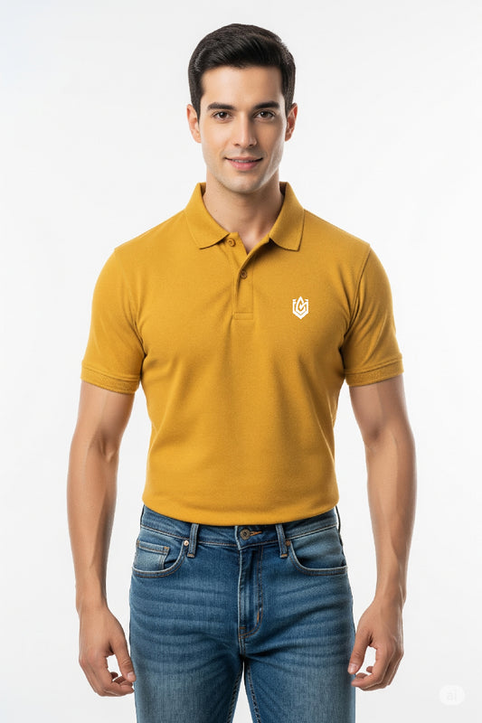 Add a vibrant edge to your wardrobe with this Men’s Mustard Yellow Solid Polo Neck T-shirt.