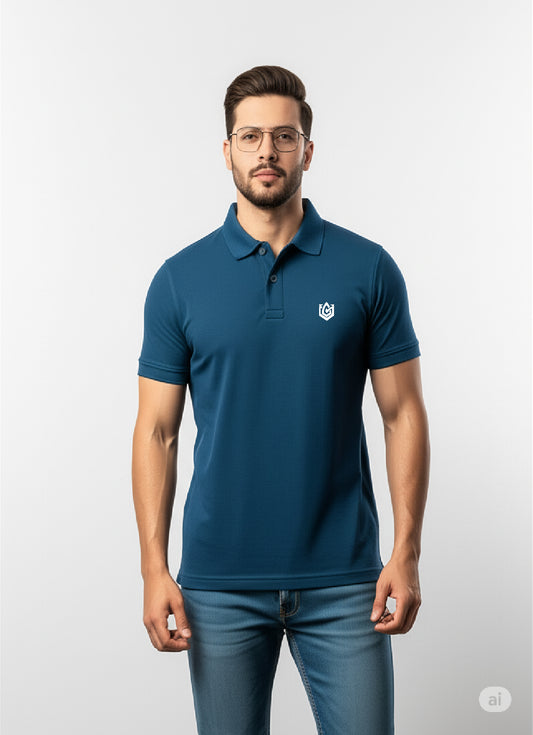 Step into refined style with this Men’s Petrol Blue Solid Polo Neck T-shirt.