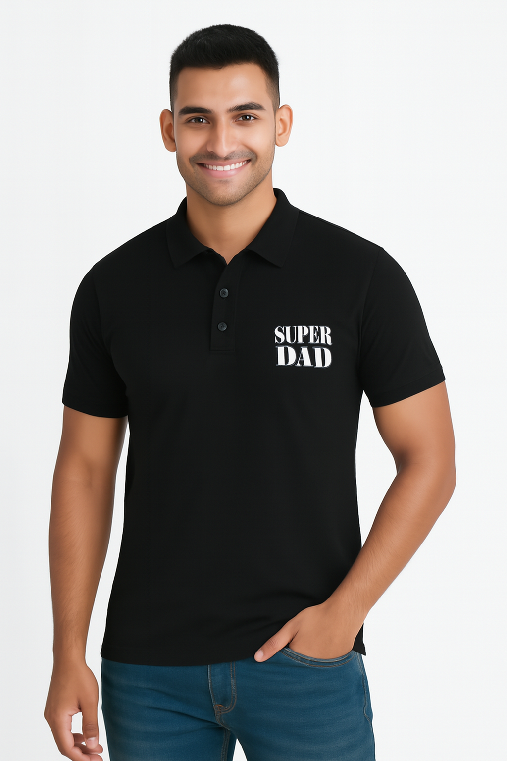 Celebrate fatherhood in style with our premium black polo t-shirt printed with “Super Dad.
