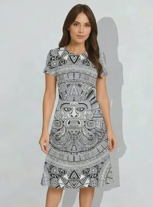 A bold and timeless elegance with our AOP A-Line Dress featuring black and white ancient art prints.