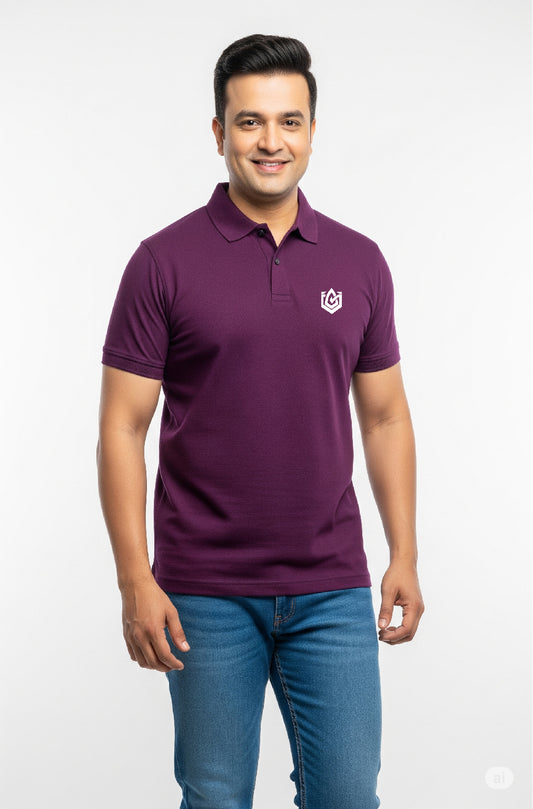 Make a bold statement with this Men’s Purple Solid Polo Neck T-shirt. | Premium Quality |