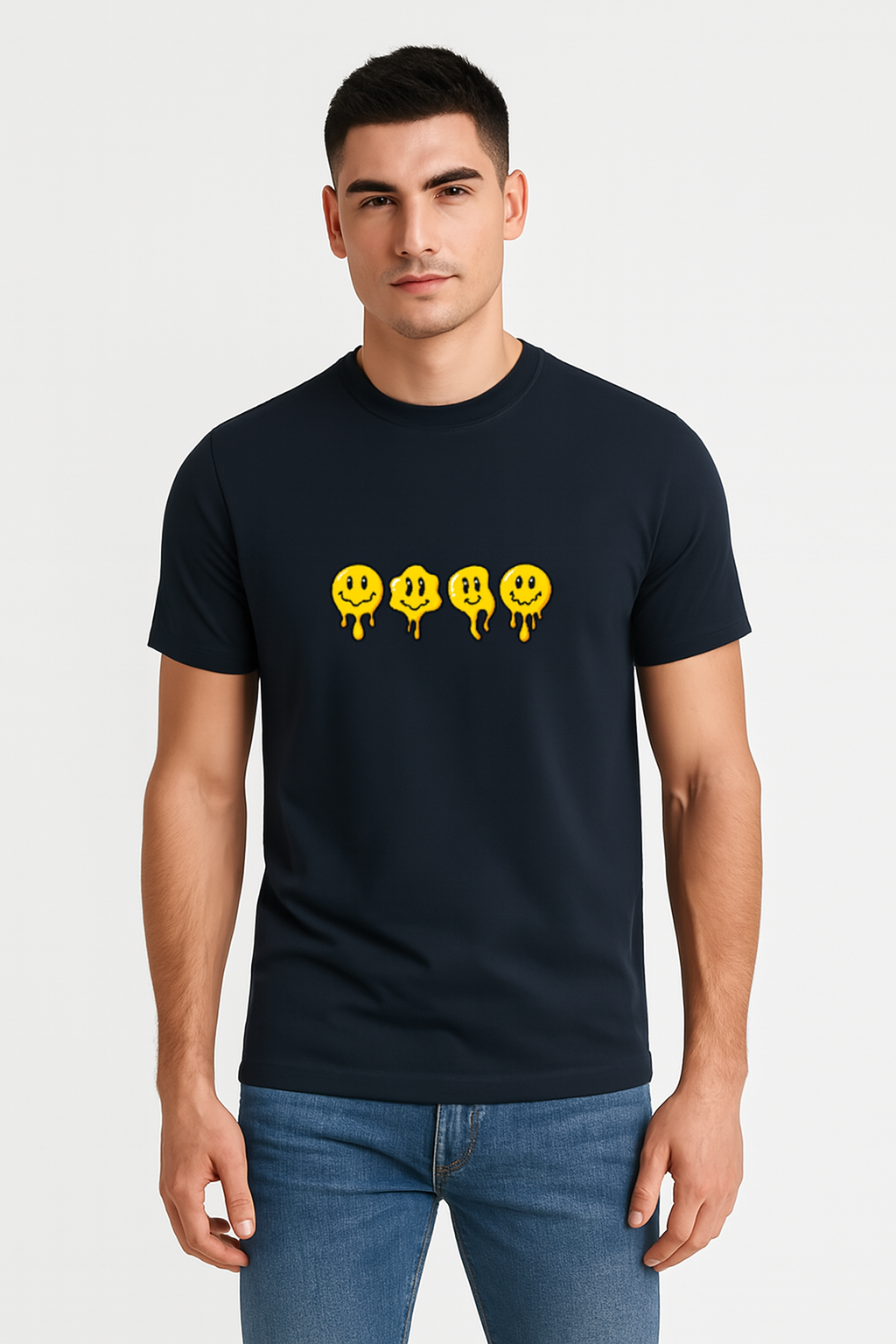 Premium Supima cotton unisex t-shirt featuring a bold melting smiley print. Ultra-soft