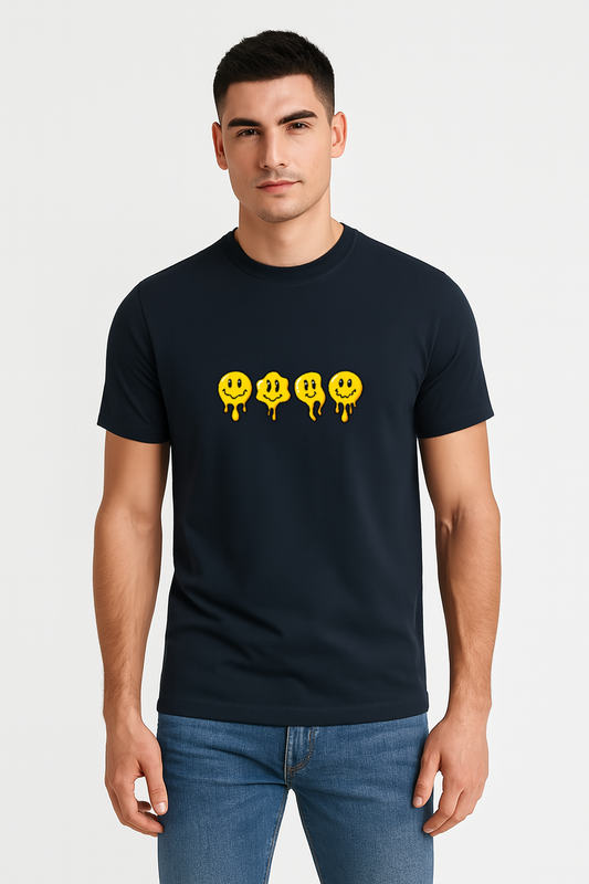 Premium Supima cotton unisex t-shirt featuring a bold melting smiley print. Ultra-soft