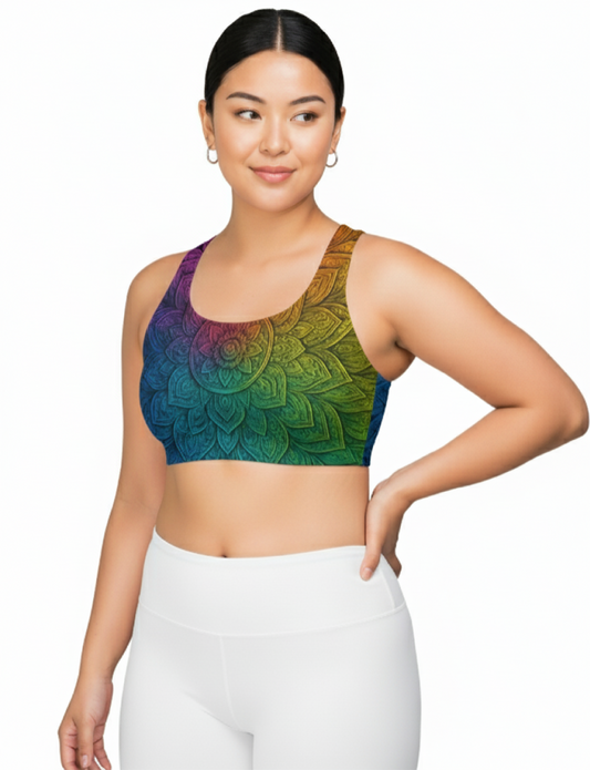 Turn heads, hold strong—our All-Over Print Sports Bra blends fierce style with flawless function