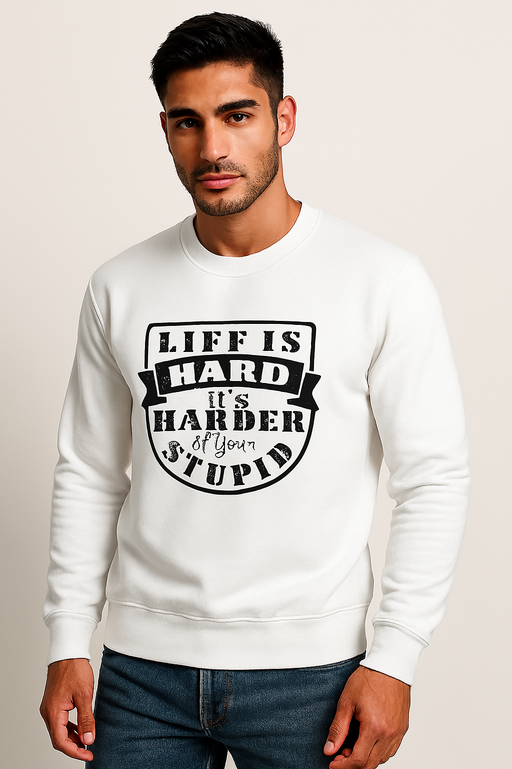 Crafted truth with quiet power. This Unisex Sweatshirt printed with “Life is harder”